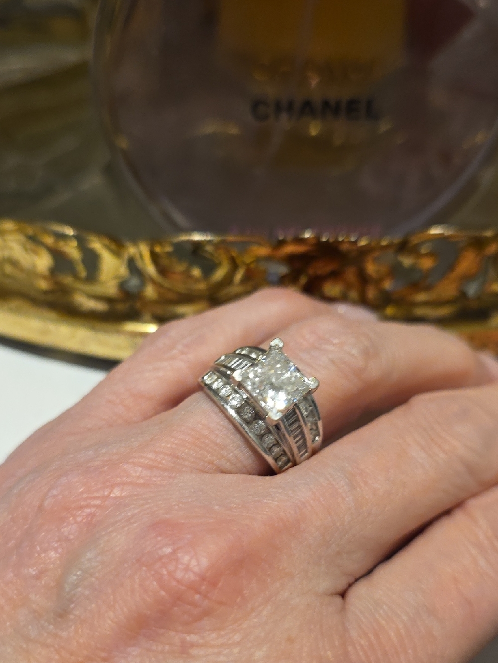 White Gold Princess-Cut Engagement Ring with Pavé Accents LAB CREATED